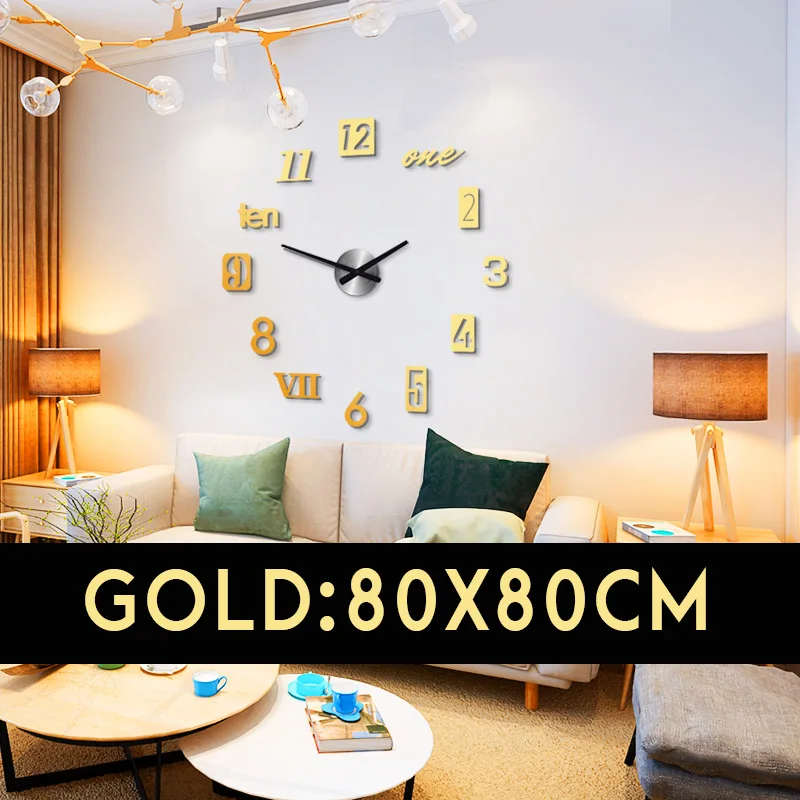 Gold80x80cm 3D европейский стиль DIY большие настенные часы современный дизайн художественная наклейка самоклеящиеся зеркальные наклейки часы домашний Декор Гостиная - Цвет: Gold80x80cm