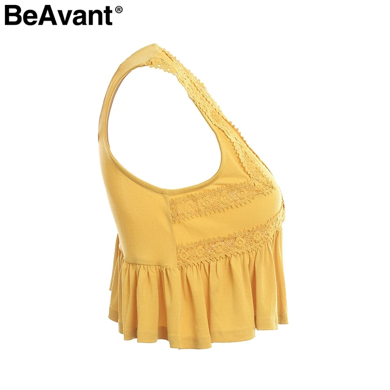 BeAvant Sexy v средства ухода за кожей шеи спинки майка для женщин рюшами Короткие кружево рубашка бретели Танк Лето пот уличная повседнев