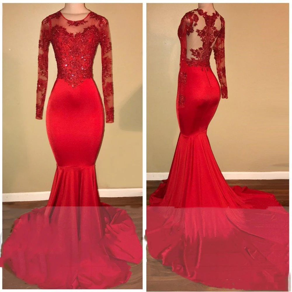 

2021 Vintage Sheer Long Sleeves Red Prom Dresses Mermaid Appliqued Sequined African Black Girls Evening Gowns Red Carpet Dress