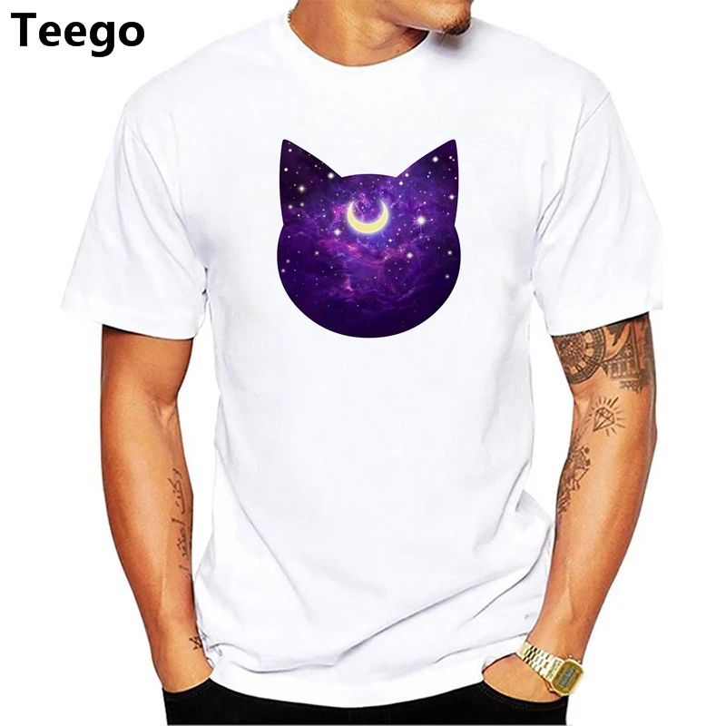 Фото Новые летние мужские белая футболка Повседневная Half Moon печатных Luna Space Cat Новые летние мужские белая футболка Повседневная Half Moon печатных Luna Space Cat