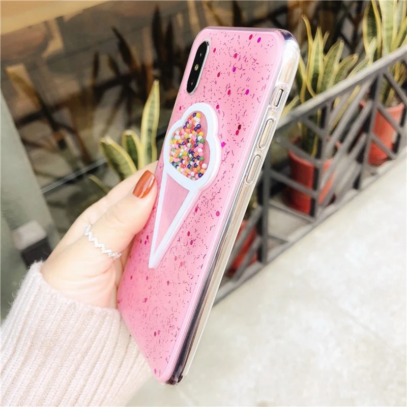 Розовый 3D чехол для телефона с мороженым Iphone 6 s Plus блестящий жидким песком IPhone XS Max