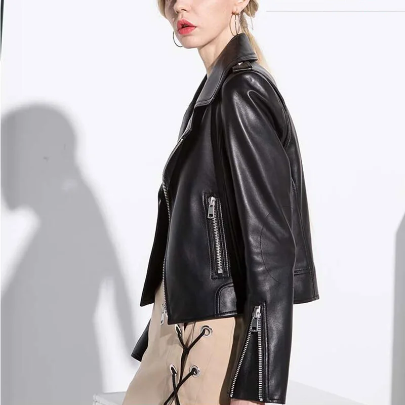 Женская кожаная куртка из натуральной кожи короткая Осенняя мотоциклетная