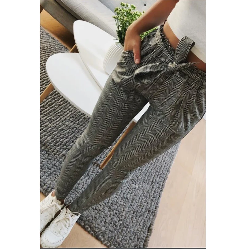 Новинка 2019 клетчатые OL штаны-шаровары с высокой талией женские осенний стиль