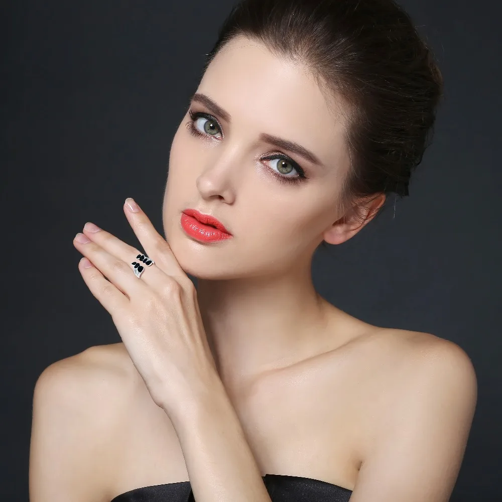 BLACK AWN Настоящее 925 пробы Серебряное кольцо черная шпинель лист открытые Элегантные кольца для женщин ювелирные изделия из стерлингового серебра G030