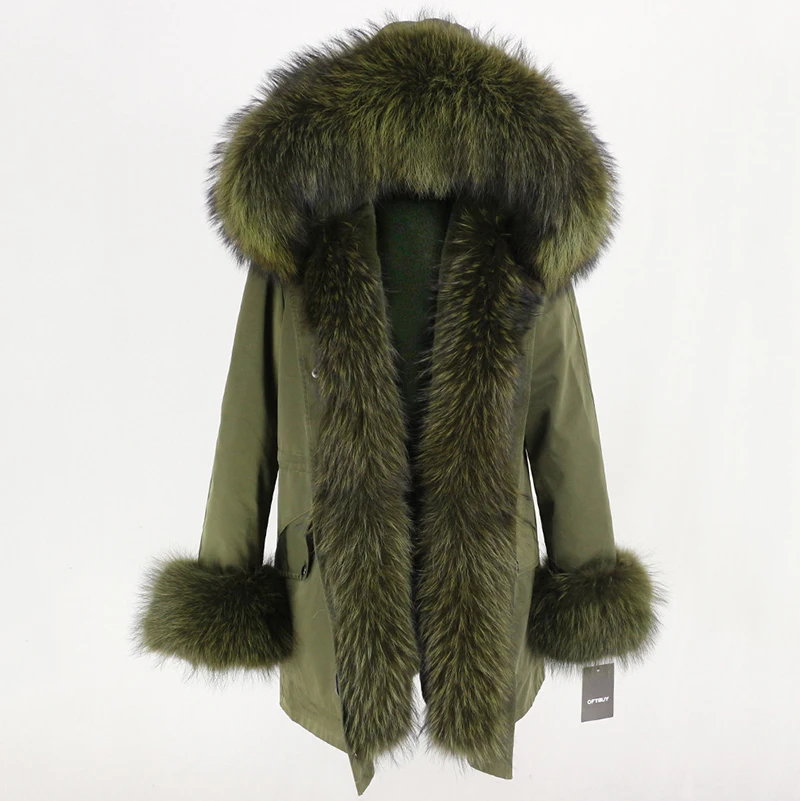 green green OFTBUY, пальто с натуральным мехом, зимняя куртка для женщин, натуральный мех енота, капюшон, водонепроницаемая, длинная парка, съемная, уличная одежда, роскошные парки, теплые - Цвет: green green