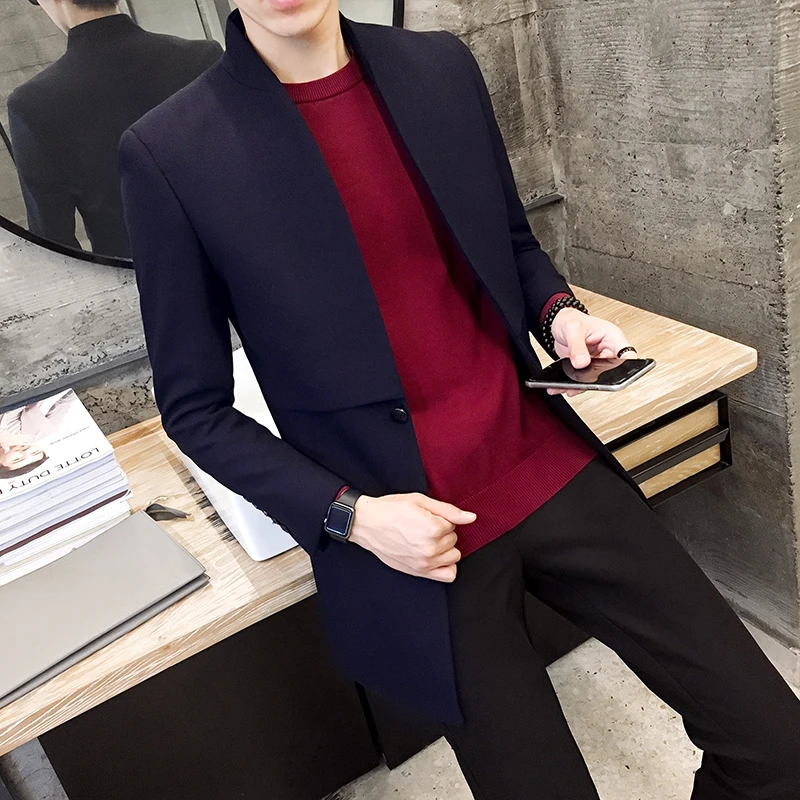 Новинка 2017 года бренд осень зима встать черный Для мужчин тонкий и толстый Тренчи