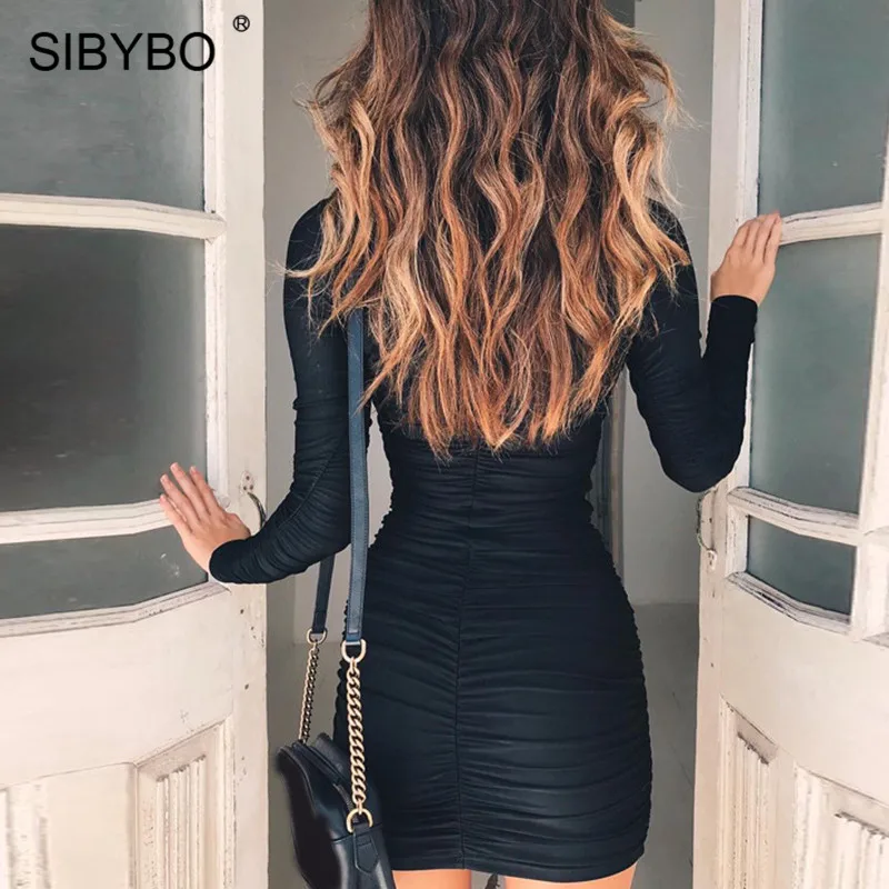 Sibybo Turtleneck Long Sleeve Autumn Dresses for Women Fashion Sheath Pleated Mini Dress Women Black Casual Women Dresses Winter