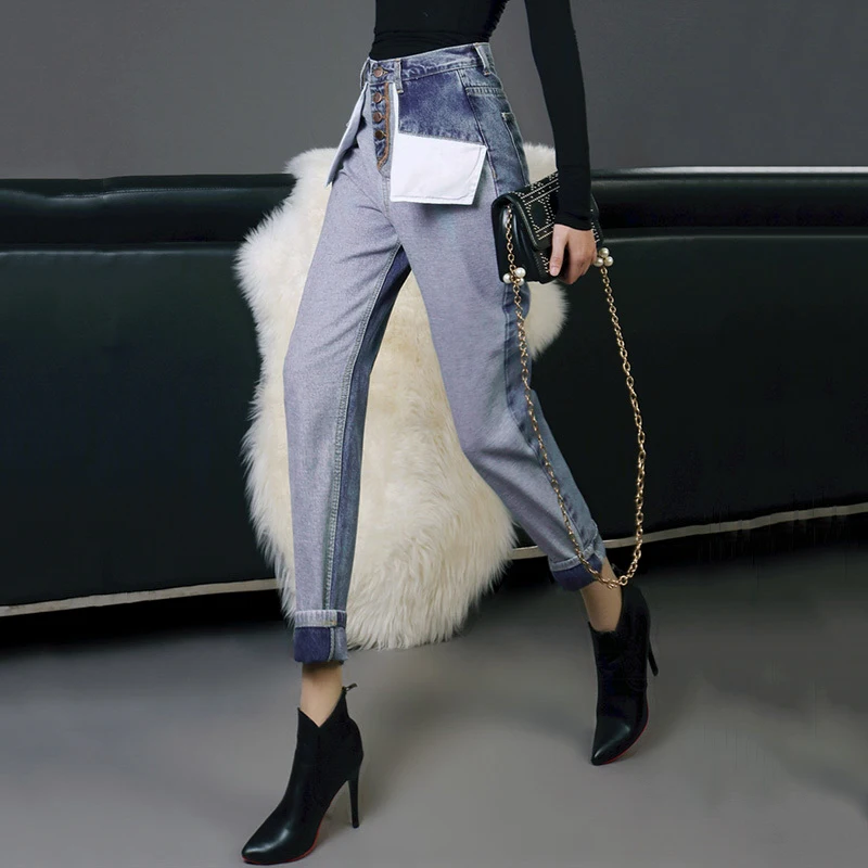 NLW NEW Women Casual High Waist Jeans Casual High Street Jeans Female Stylish Spliced Fake Pocket Long Pants Capris