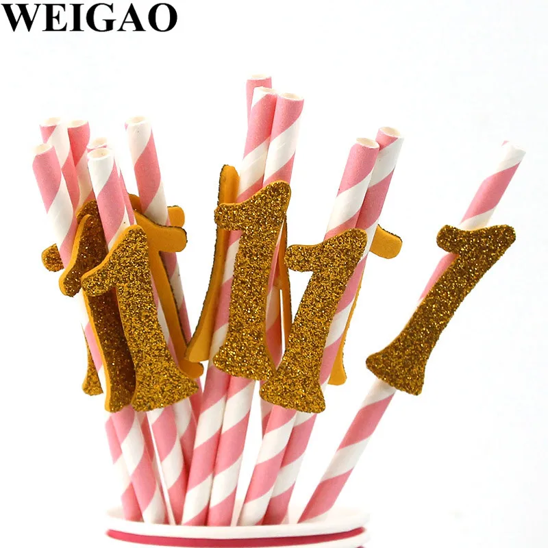 

WEIGAO 12Pcs 1st Birthday Number 1 Drinking Paper Striped Straws Girl First Birthday Party Decorations Glitter 1 One Year Straws