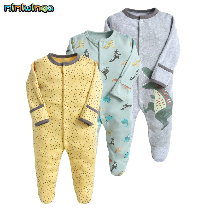Mimiwinga Baby Boy Rompers 3PCS/Lot Spring 2019 Grey Dinosaur Print NewBorn Clothes Covered Button Long Sleeve Overalls Infant |