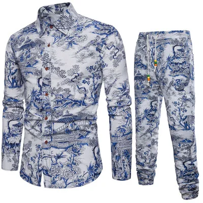 2 pieces set Мужской комплект из 2 предметов, спортивный костюм, Повседневная рубашка, костюмы, линия, хлопок, 3d принт, тонкий крой, дышащий топ и штаны, брюки, мужской льняной комплект - Цвет: 2 pieces set