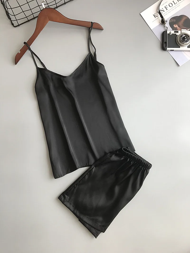 Freshing летний ледяной шелк Twinset корейская мода сплошной цвет сексуальный пижамный комплект Женский Летний жилет шорты костюм белье