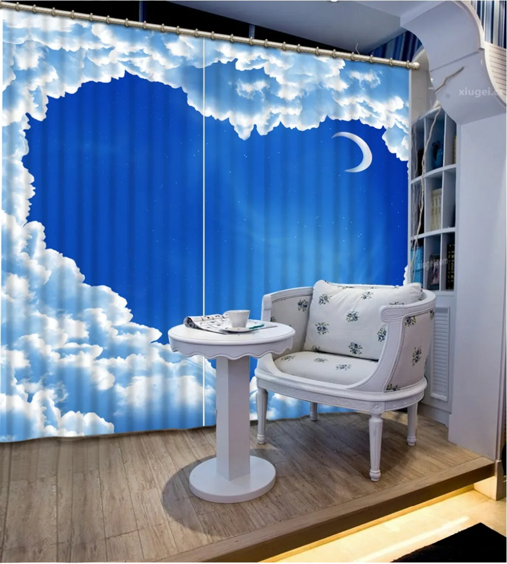 

Занавески 3d на заказ, домашние европейские шторы с изображением Луны, голубого неба, белых облаков, детской, гостиной, спальни