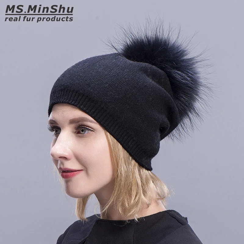 Ms. MinShu, кашемировые шапки для женщин, помпон, шапочки, меховая шапка, женские теплые шапки с натуральным мехом енота, помпон, шапка для взрослых