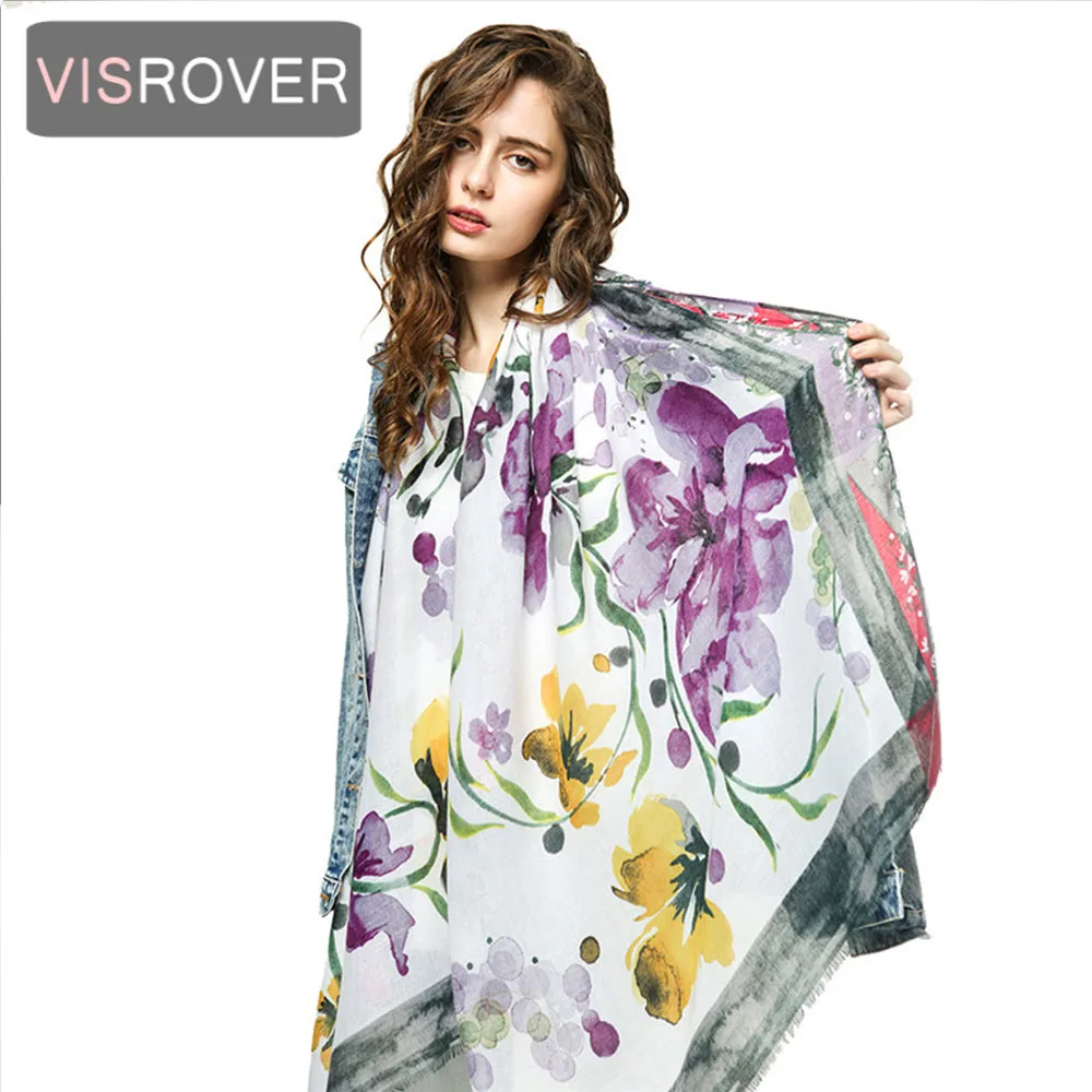 VISROVER роскошный бренд мягкий шелк Handfeeling летние женские шарфы с цветочным принтом высокое качество мягкая полоска шаль