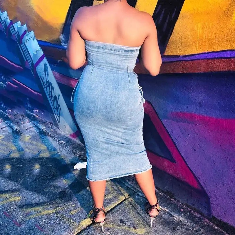 Летний сексуальный клуб панк без бретелек винтажный джинсовый синий женский