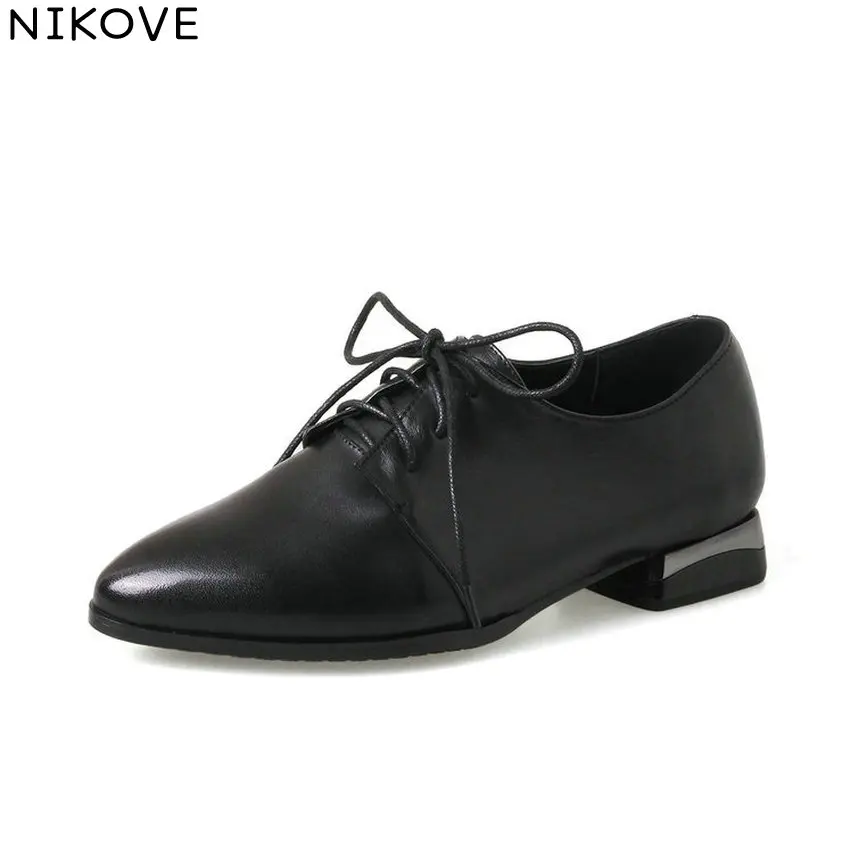 

NIKOVE 2018 Women Pumps Med Heels Shoes Lace Up Cow Leather PU Square Heels Pointed Toe Black Pumps Women Shoes Size 34-43