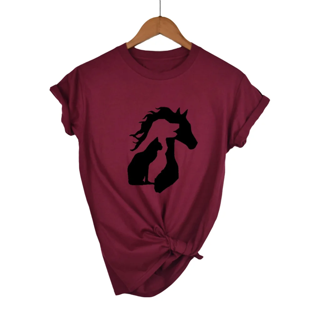 Wine Red-B Животный любовник лошадь собака кошка принт Женская футболка Повседневная хлопковая хипстерская забавная футболка для девушек Леди Топ Tumblr Прямая поставка - Цвет: Wine Red-B