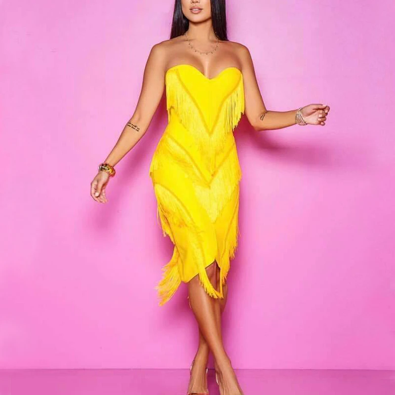 Летнее желтое платье эластичность бахрома открытая спина bodycon Сексуальная одежда elbise sukienki vestidos de festa платья женские вечерние ночные