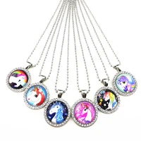 24pcslot cartoon necklace unicorn rhinestone pendant ancient silver torque sweater chain for girl best gift