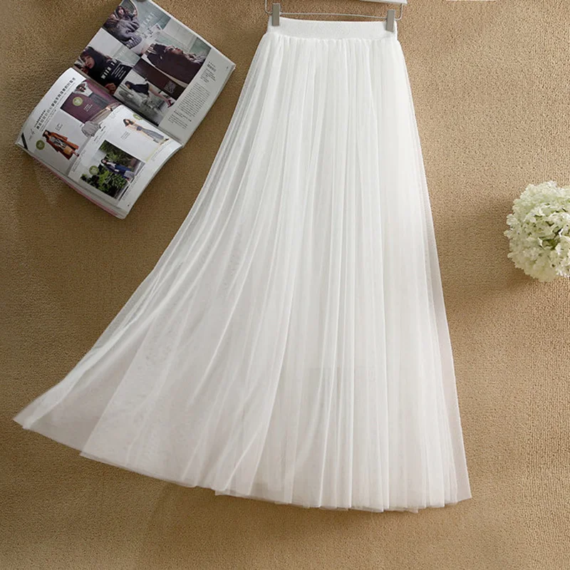 Tulle Gauze Skirt Spring Summer Retro Pleated Midi Long High Waist Pettiskirt women's Jupe Longue | Женская одежда
