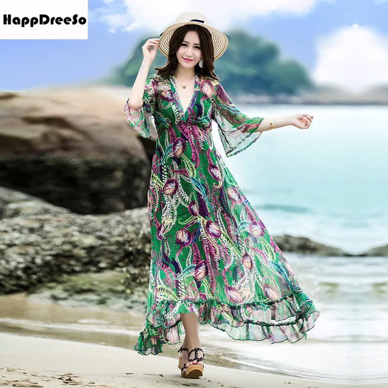 Женское летнее шифоновое платье с v образным вырезом и Расклешенным рукавом