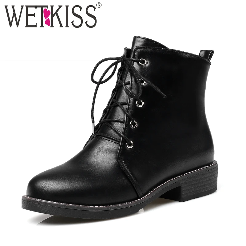 WETKISS/зимние короткие плюшевые женские ботильоны обувь на шнуровке с круглым