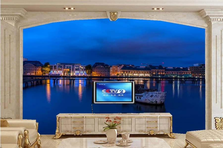 Настенные 3d обои на заказ немецкие Берлинские дома реки корабли небо ночные