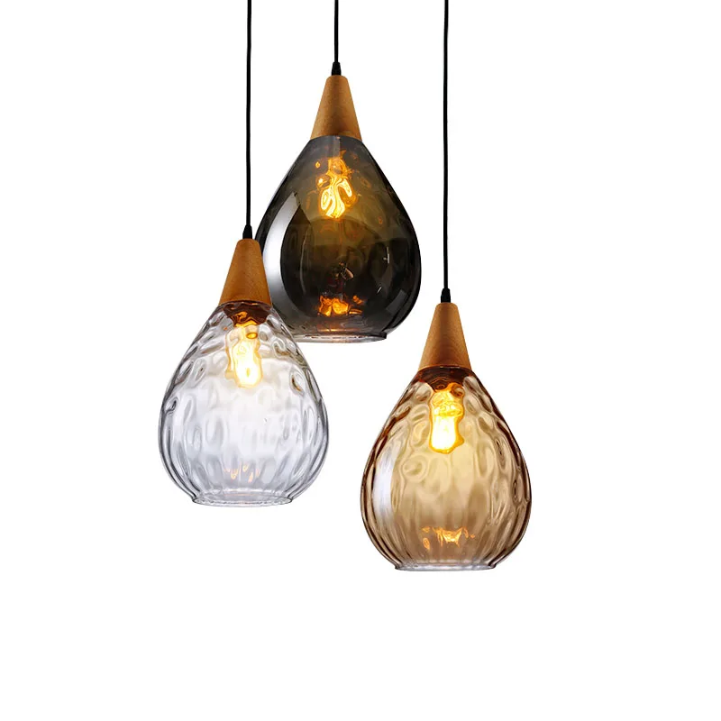 

Modern Glass Pendant Light Vintage Amber Smoky Clear Glass Wood Hanging Pendant Lamp Decorative Indoor Pendant Light E27 E26