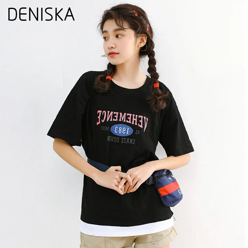 DENISKA 2018 Новый Harajuku Свободные Письмо Печати Твердые Хлопок T рубашка Половина
