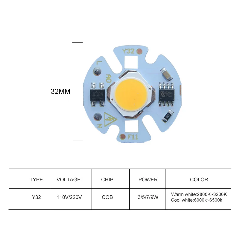 32mm Светодиодный COB Чип-светильник 9 Вт 7 Вт 5 Вт 3 Вт 220 В 110 В вход умный IC драйвер подходит для DIY холодный белый/теплый белый Светодиодный точечный светильник прожектор светильник - Испускаемый цвет: 32mm