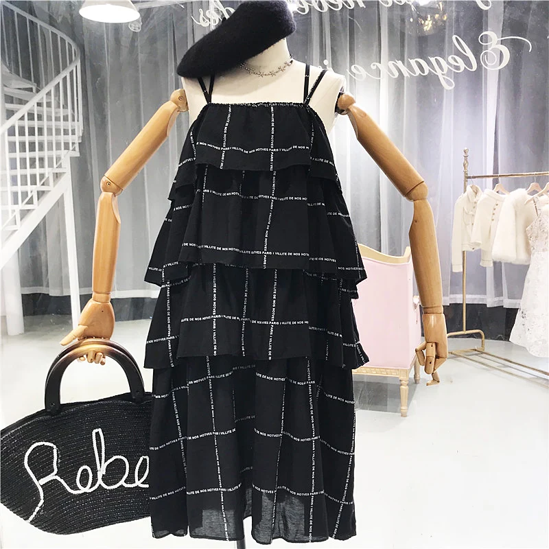 Женское многослойное платье ALPHALMODA на тонких бретельках с оборками и буквенным