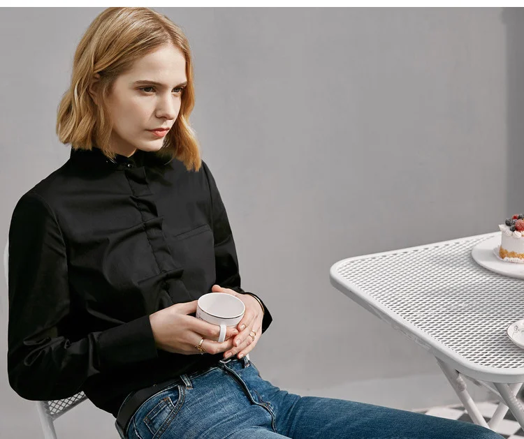 Amii Minimalist Women Shirts Spring New Office Solid Long Sleeve Folds Pleased Strand Collar Causal Female Blouse Shirt