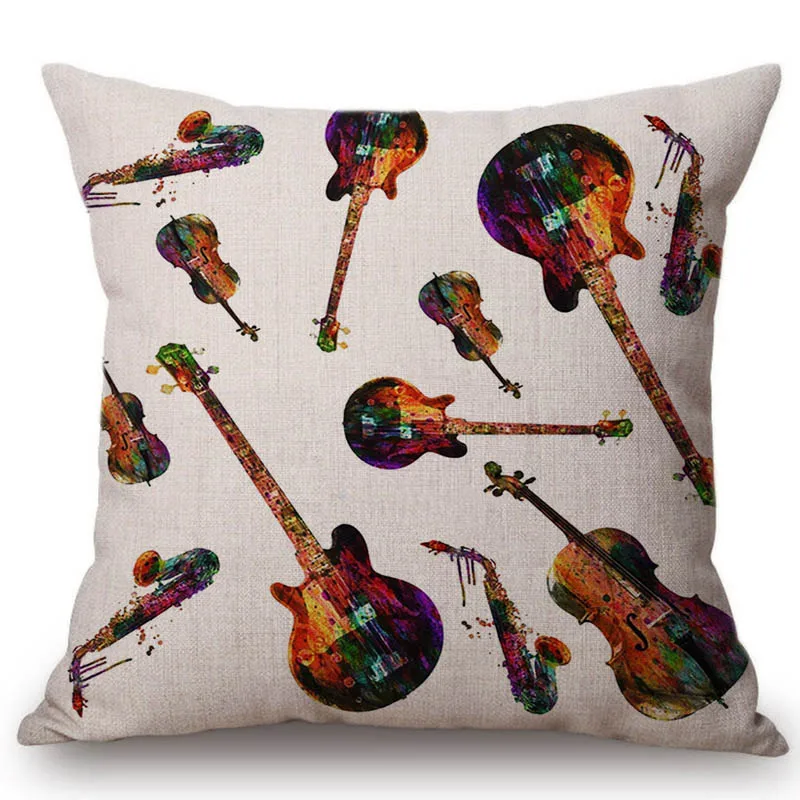 18" Water Color Music Instructment Cello Guita Bass LP Disc Restaurant Decorative Throw Pillow Cover Cotton Linen Cushion Cover