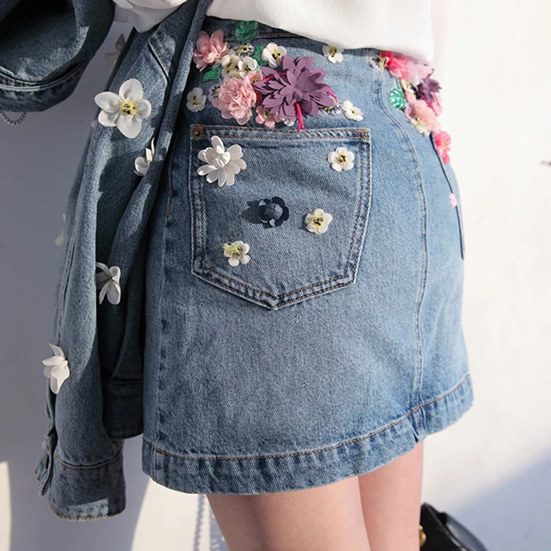 RUGOD Handmade Sequins 3D Floral Embroidery Jeans Skirt 2019 Women Fashion Wave Fringe Waist High Elastic Mini Saias Femme | Женская