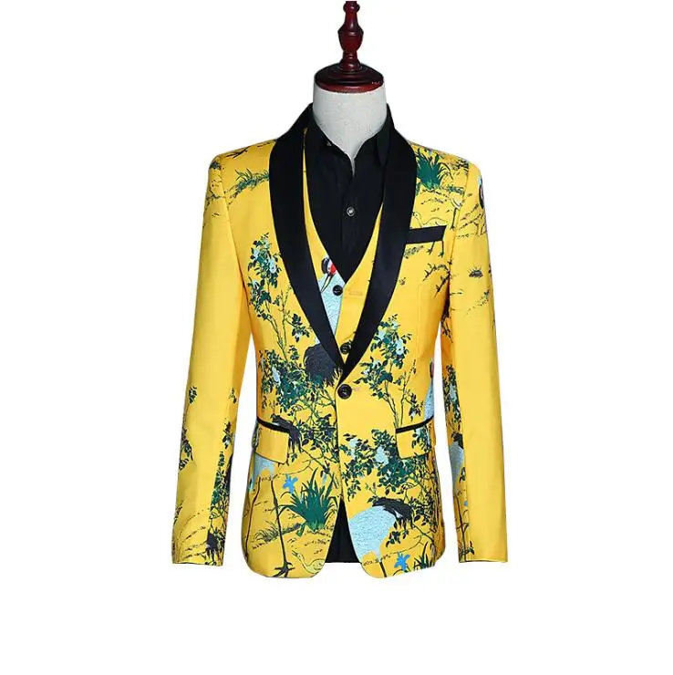 

Men 3PCS Suits Sets (jacket+vest+pant) Male Casual Blazer Suit Jacket yellow printed Dress Suits Custom Made Stage Costumes