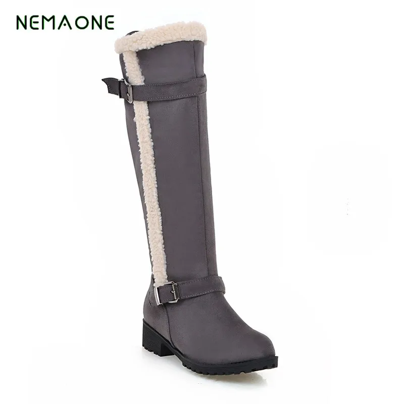 NEMAONE/ г., новые модные зимние женские сапоги до колена на меху на высоком каблуке теплая женская обувь модные зимние сапоги на танкетке - Цвет: Серый