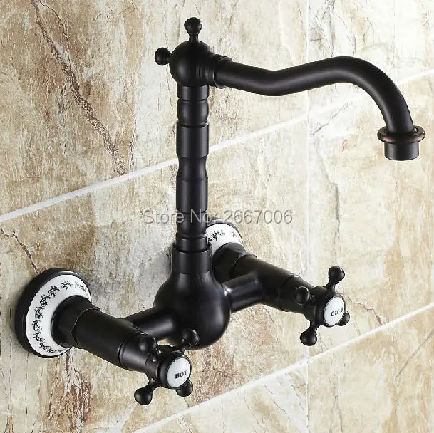 

GIZERO Bathroom Dual Handles Faucet Black Bronze Kitchen Sink Mixer Tap Rotatable Spout Wall Mounted Ceramic Based Faucets ZR332