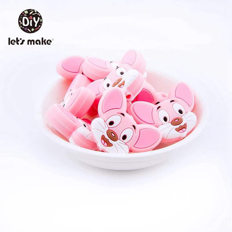 Pink 6 шт. Силиконовые бусы из Мышь с мультипликационным принтом с животным для периода прорезывания зубов Еда Класс «сделай сам», одежда для детей, соски-пустышки клипы на цепи Детские трофеи от компании Let's Make - Цвет: Pink