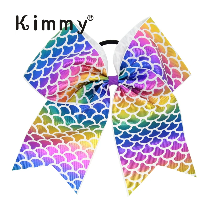 2pcs free shipping 7'' Large Mermaid Ribbon Cheerleading Hair Bows Hologram Printed Elastic Band Bow Children | Детская одежда