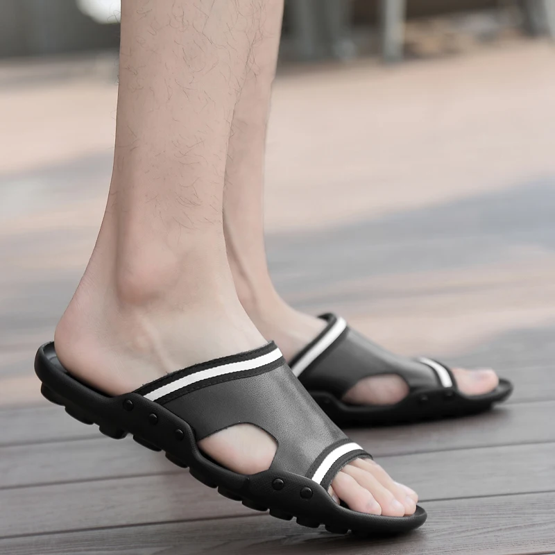 Мужские кожаные шлепанцы повседневная Уличная обувь плоская подошва пляжные