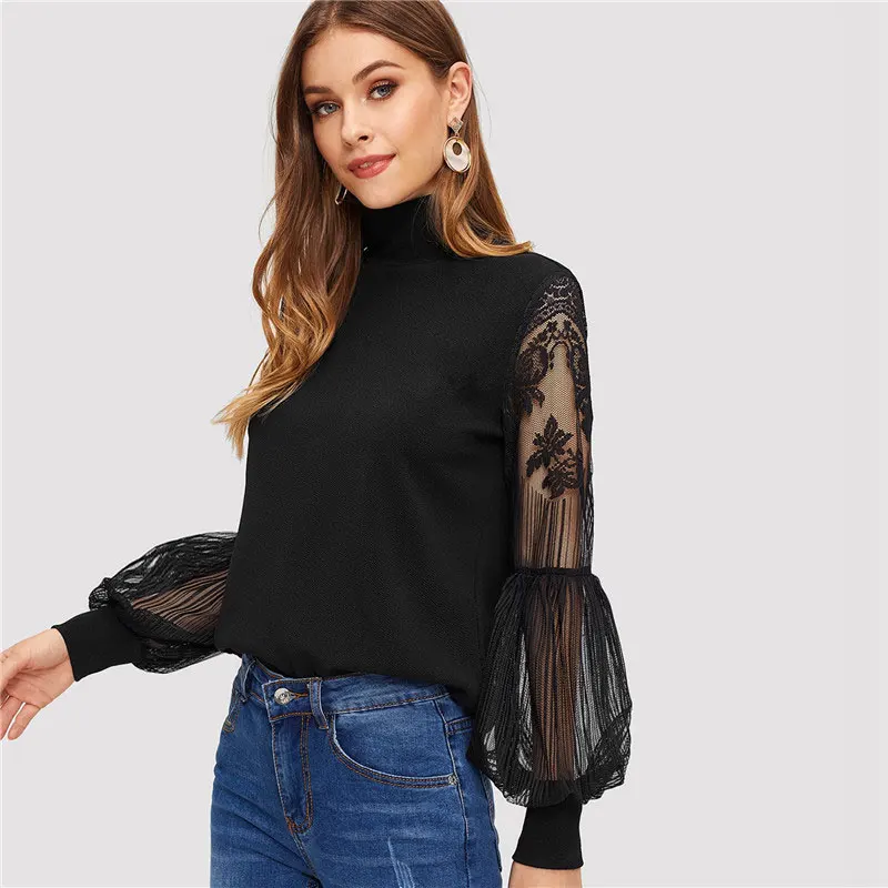 SHEIN Однотонный Топ С Прозрачными Рукавами Сексуальная Блузка С Ажурными Рукавами