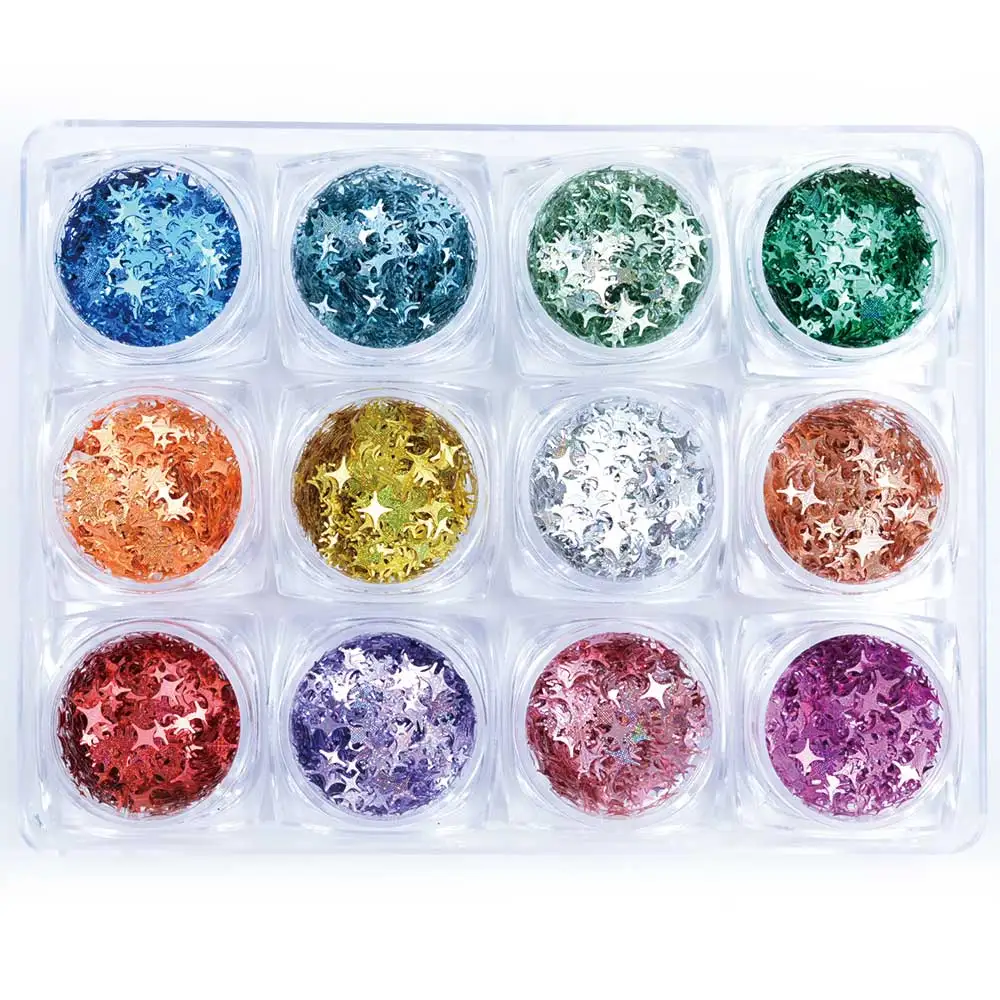 1 Box 12 Color Glitter 3D Ultrathin Sequins With 6 Design Snowflake Mickey Head Star Four Linellae for Nail Art Decors | Красота и