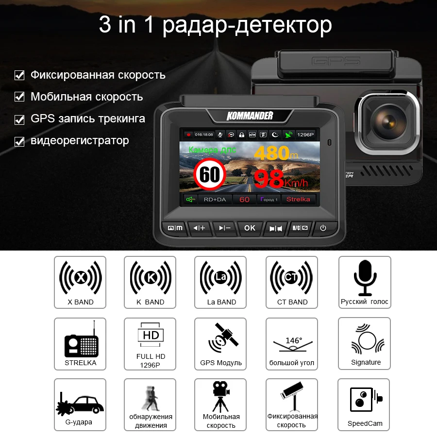 Kommander для автомобилей gps speed camera 3 в 1 anti radar full hd 1296 P road dou|Видеорегистраторы| |