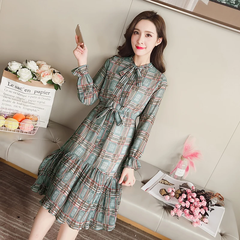 2018 новая женская одежда Весенняя мода бант с v-образным вырезом платье принтом в