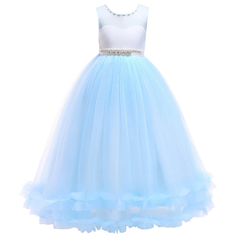 

Fashion Flower Girls Dress Kids Sleeveless Satin Rhinestone Top with Long Tulle Wedding Party Dress Princess Girls Clothes