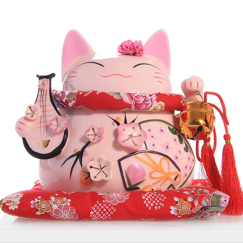 8 дюймов Манеки Неко Керамика Lucky Cat с Лютни Домашний Декор Украшения Творческий