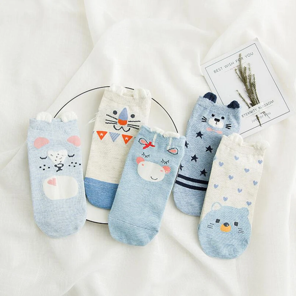 5 Pair Women Cute Socks Harajuku Cartoon Cat Pattern Casual Cotton Happy Funny Female Ankle Thin Summer Low Cut Style | Женская одежда