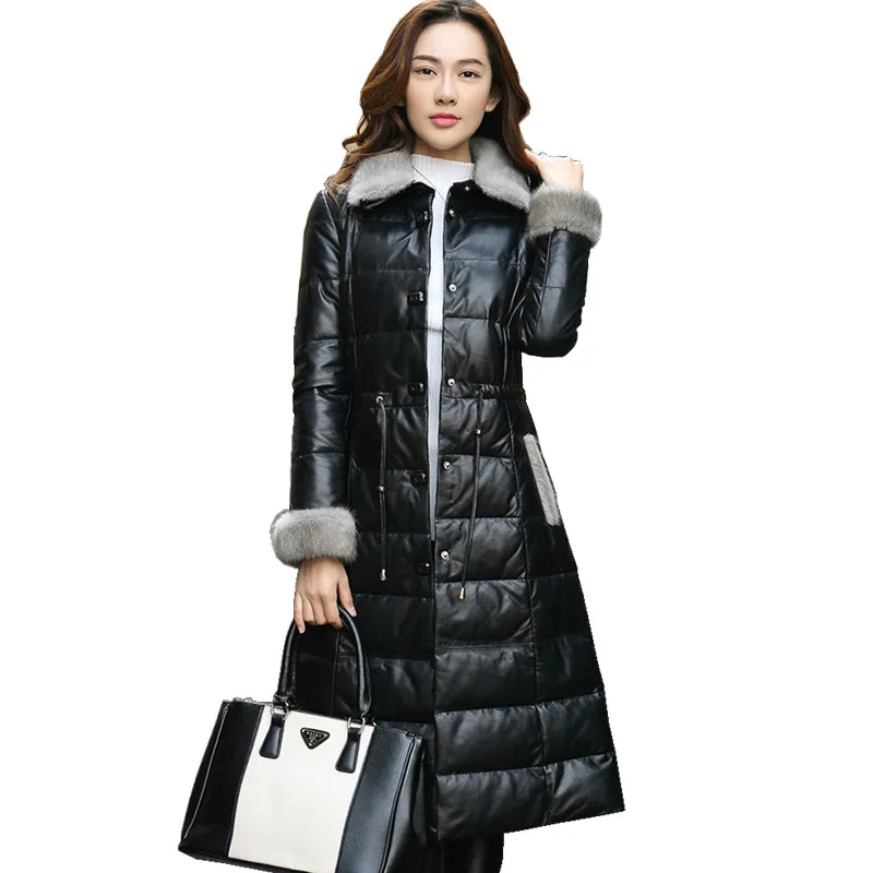 

High Quality Genuine Leather Down Jacket Women Long Real Sheepskin Coat Female Winter Jacket Natural Mink Collar Plus Size Z536