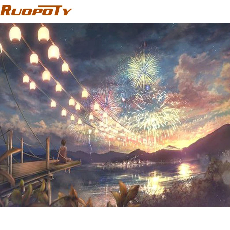 RUOPOTY рамка фейерверк ночью DIY Набор для рисования по номерам Раскрашивание пейзаж